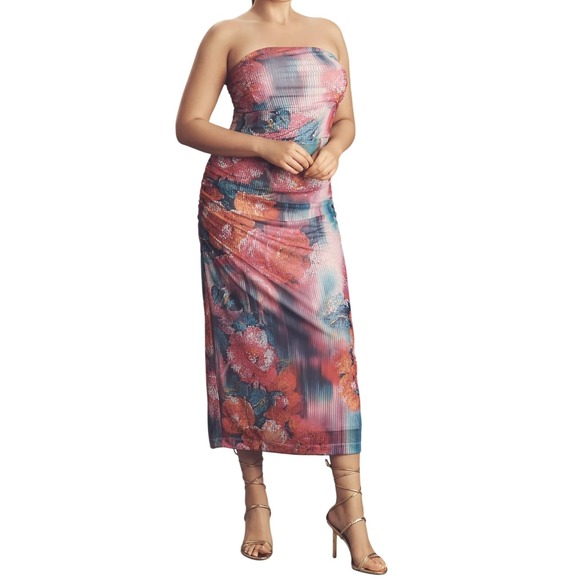 ANTHROPOLOGIE‎ Soleil Slim Strapless Midi Dress L and XL Ruched Mesh Pink Floral - Picture 7 of 16